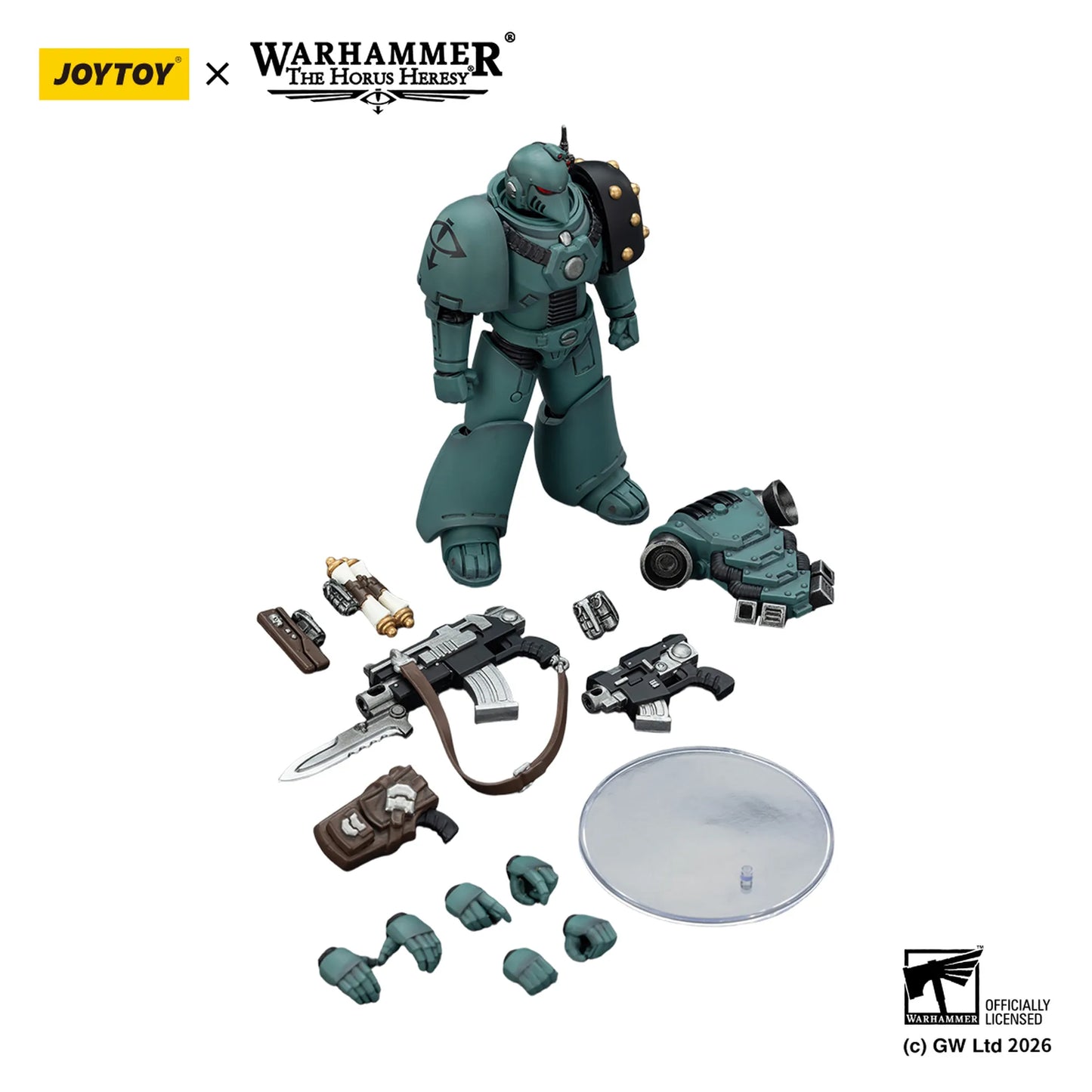Toy figure with accessories on a white background, featuring Warhammer branding.