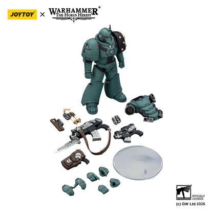 Toy figure with accessories on a white background, featuring Warhammer branding.