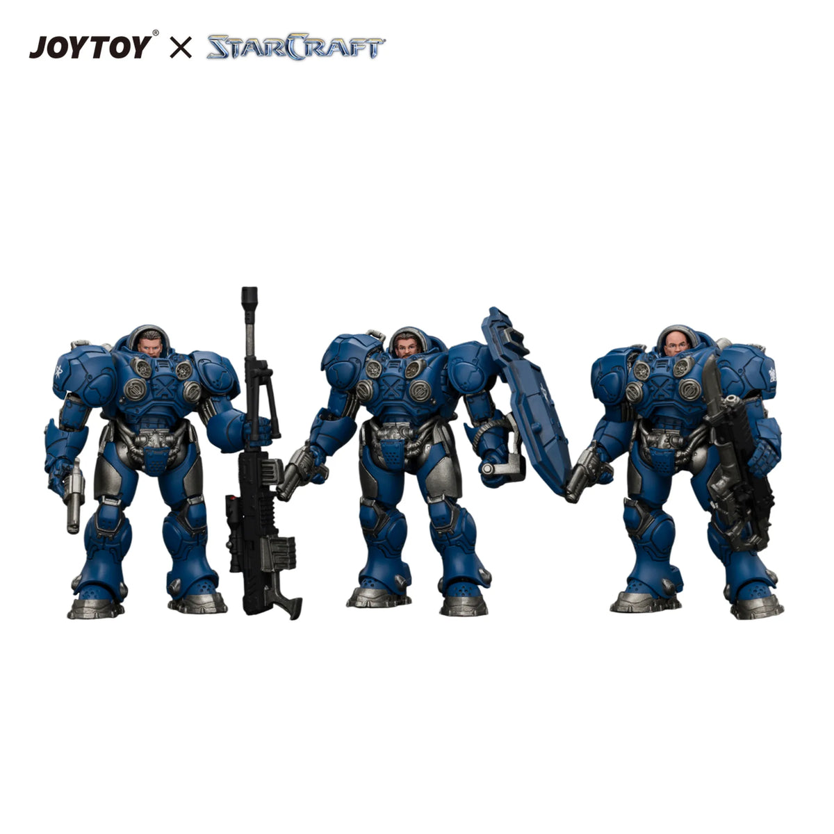Three blue armored sci-fi action figures shown side by side on a white background, with JOYTOY x STARCRAFT branding at the top left.