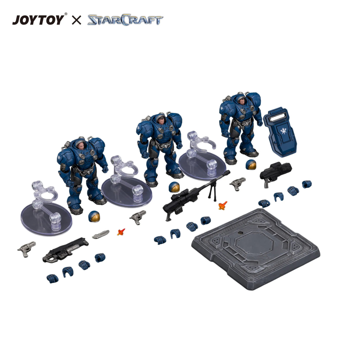 JOYTOY x StarCraft sci-fi action figure set on a white background, including three blue armored space marine figures with accessories such as weapons, clear stands, a blue storage box, and a gray baseplate.