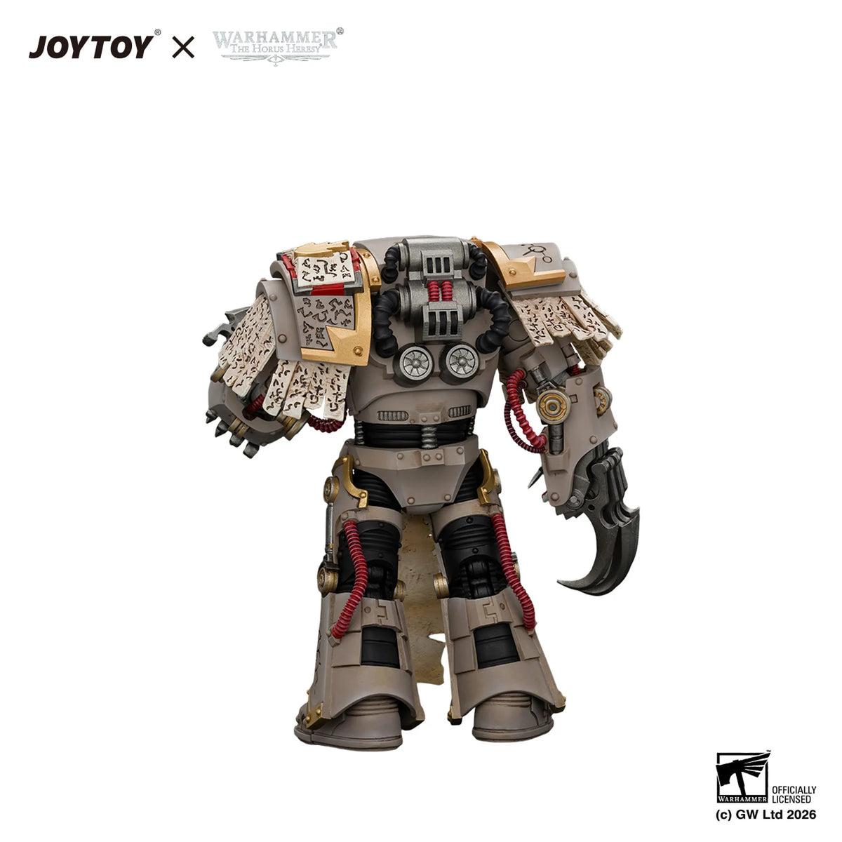 A detailed collectible action figure of a Warhammer 40k Space Marine power armor model, featuring a beige and gray armor plating with red accents, a clawed gauntlet, and decorative markings, shown on a plain white background with brand logos.