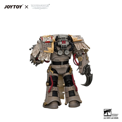 A detailed collectible action figure of a Warhammer 40k Space Marine power armor model, featuring a beige and gray armor plating with red accents, a clawed gauntlet, and decorative markings, shown on a plain white background with brand logos.