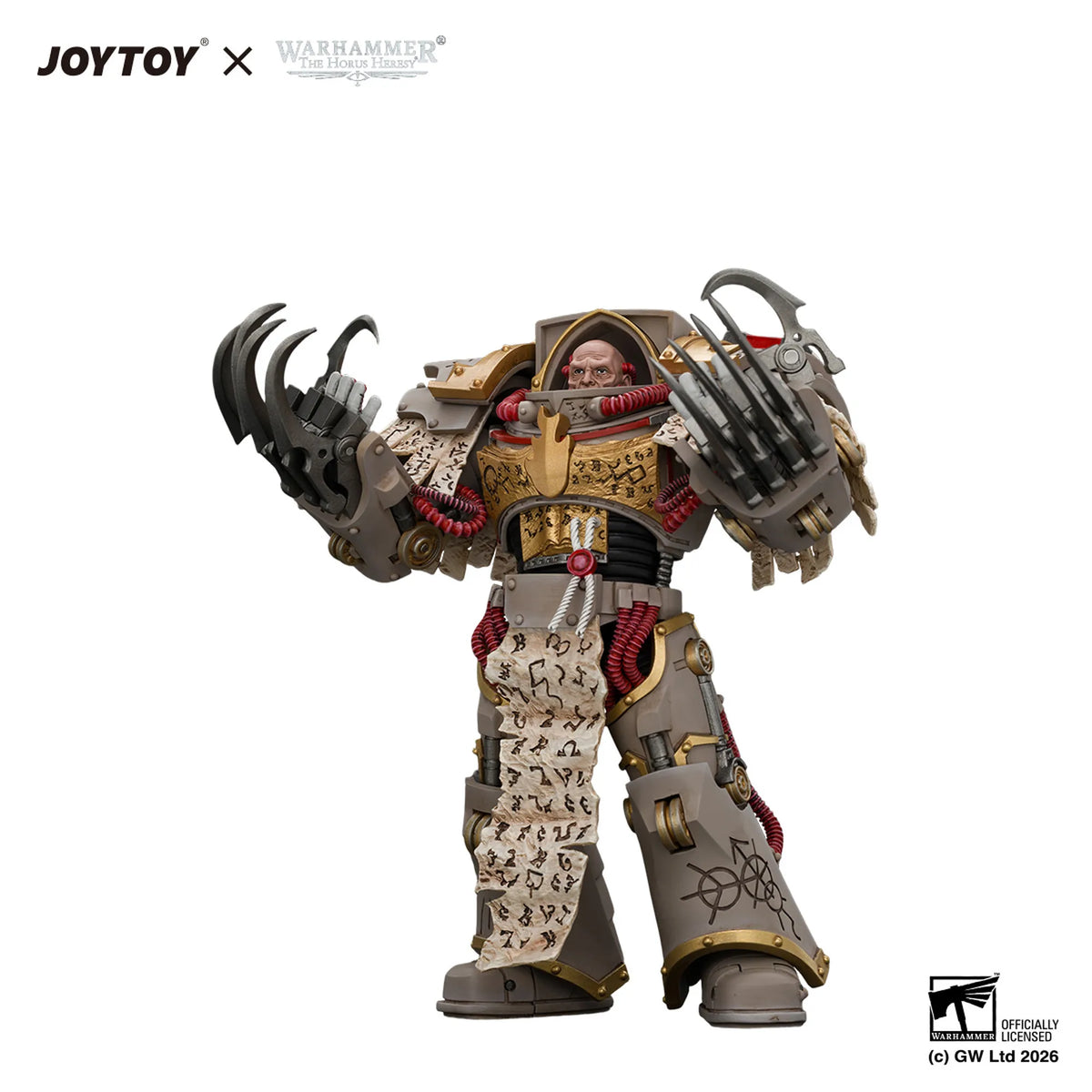 A detailed collectible action figure of a Warhammer 40k Space Marine with a skull-patterned helmet and large clawed gauntlets, shown on a plain white background with JOYTOY and Warhammer branding at the top.
