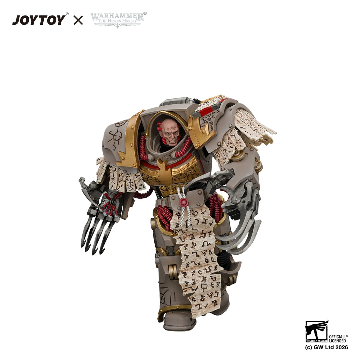 A highly detailed collectible action figure of a Warhammer 40k Space Marine Chaos Engine, featuring a skeletal warrior in ornate armor with gold, silver, and red accents, holding a large scythe. The figure is shown on a clean white background with JOYTOY and Warhammer 40k branding at the top left, and a Difficulty Assessment logo at the bottom right.