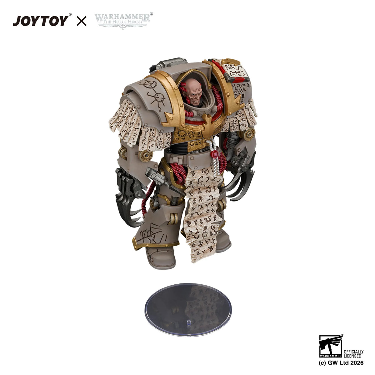 A detailed collectible figure of a Warhammer 40k Space Marine in ornate armor, shown standing on a round display base against a white background. The JOYTOY x Warhammer 40k Officially Licensed Product branding is visible at the top, and a Difficulty Assessment logo is at the bottom right.