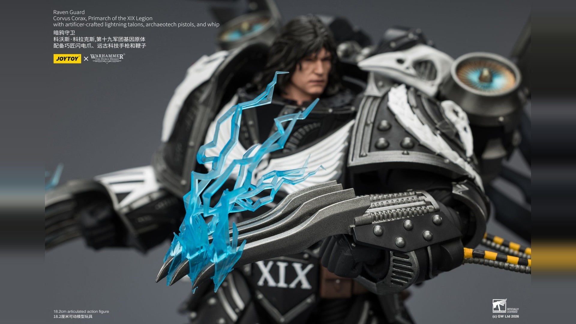 Action figure with detailed armor and blue accents on a dark background