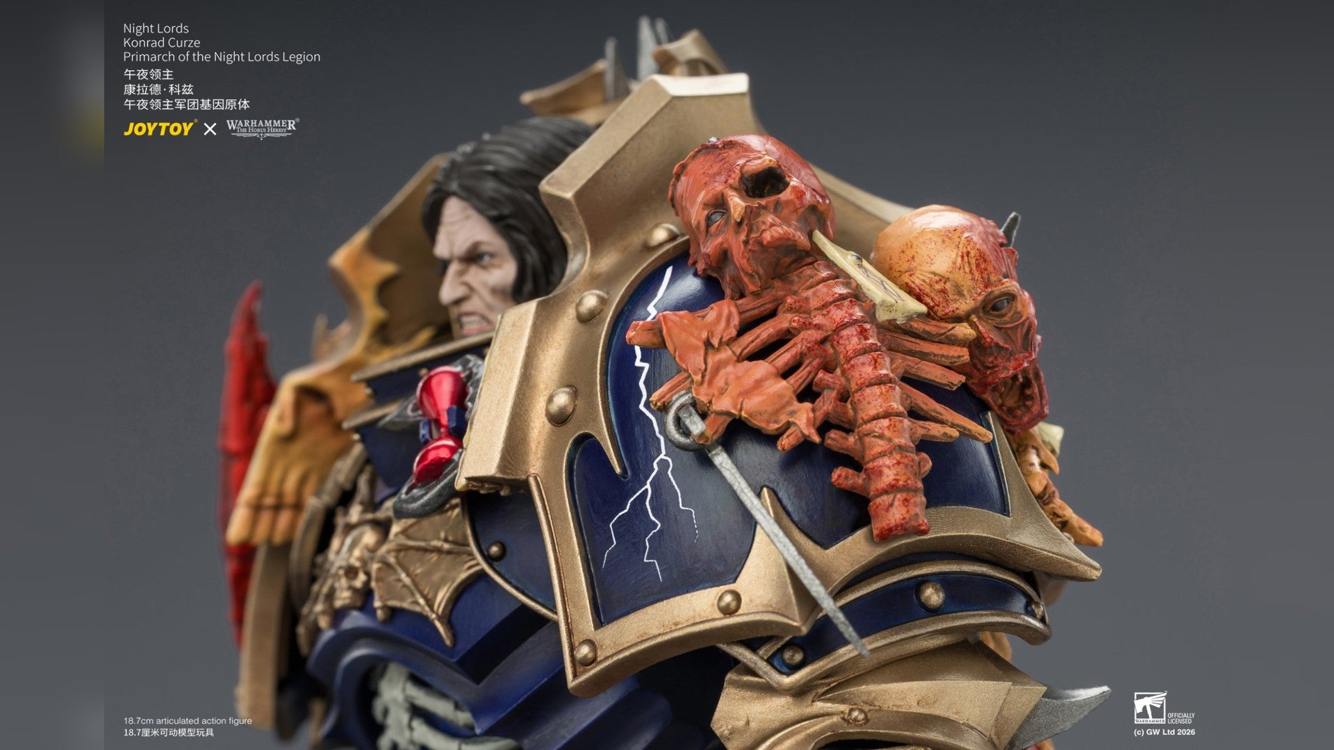 A highly detailed collectible statue of a fantasy warrior character from Warhammer 30k, featuring ornate gold and blue armor, a skull-and-bone weapon, and a visible sculpted face. The JOYTOY x Artisan Studio collaboration branding is visible on the left side.