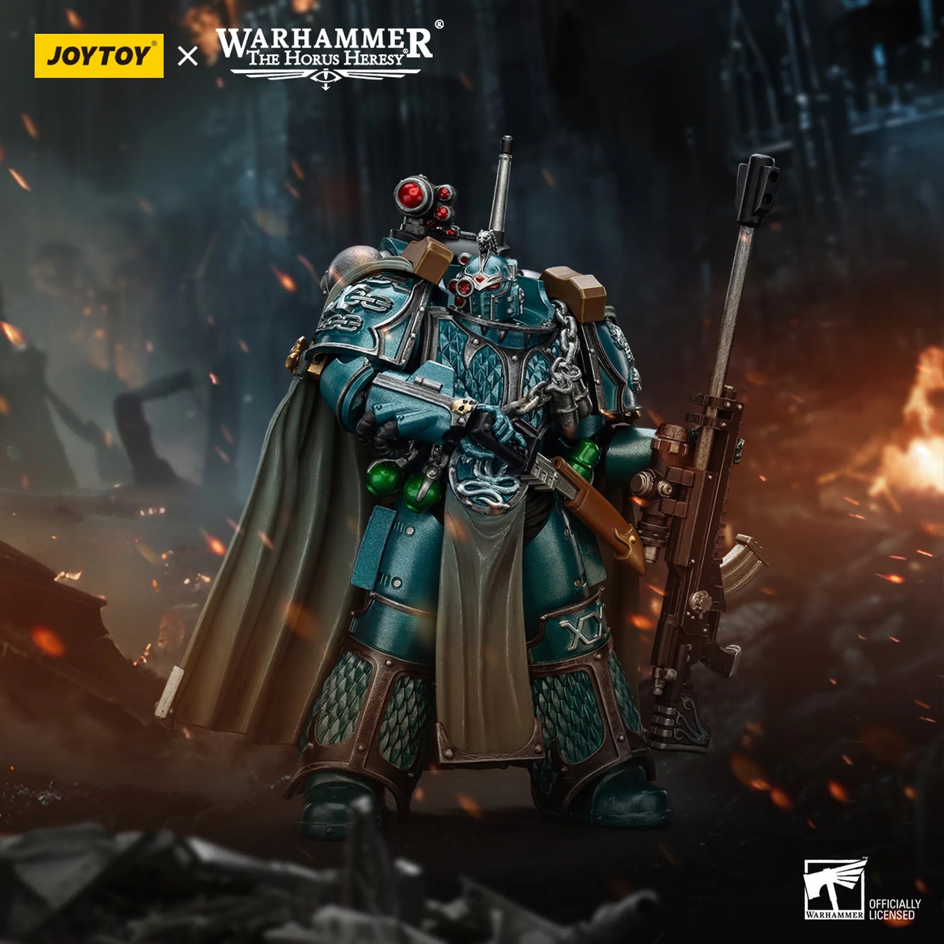 Warhammer figurine with detailed armor and weapon, set against a dark, fiery background.