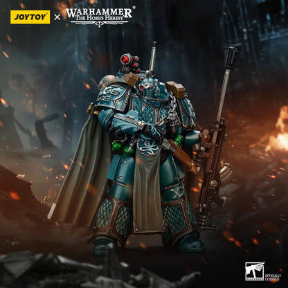 Warhammer figurine with detailed armor and weapon, set against a dark, fiery background.