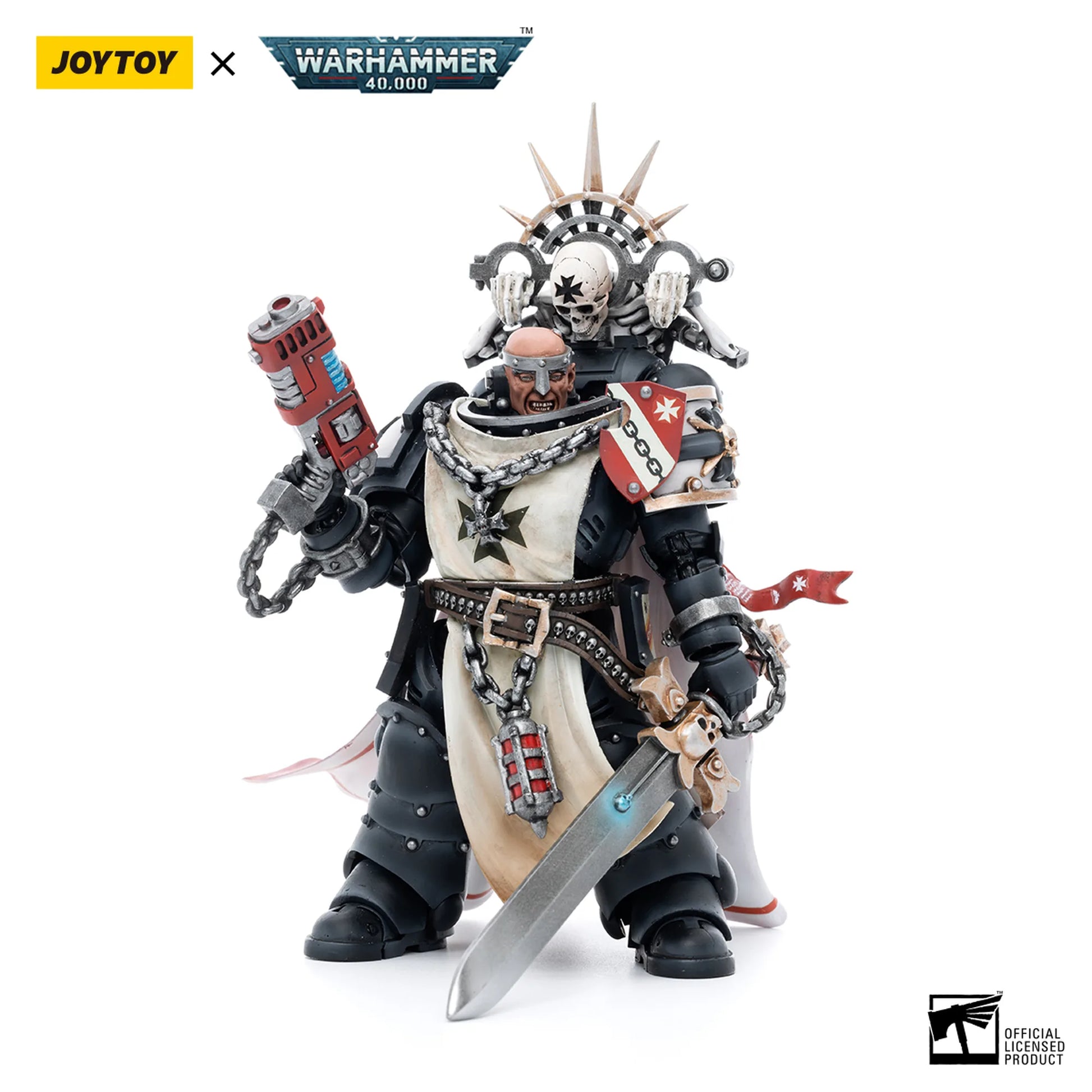 Toy figure with weapon and armor, branded with Joytoy and Warhammer 40,000 logos.
