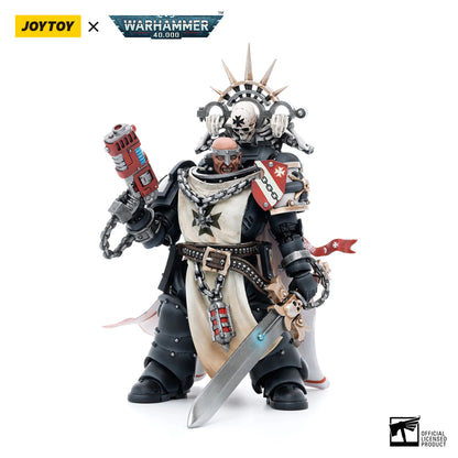 Toy figure with weapon and armor, branded with Joytoy and Warhammer 40,000 logos.
