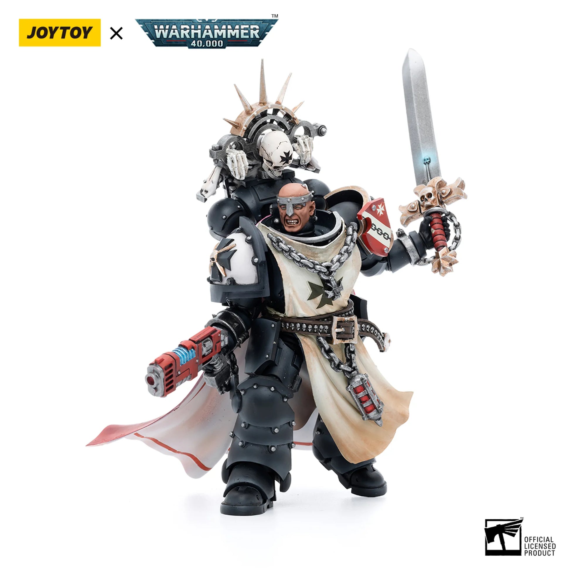 Warhammer figurine with detailed armor and weapons on a white background, featuring JoyToy and Warhammer logos.