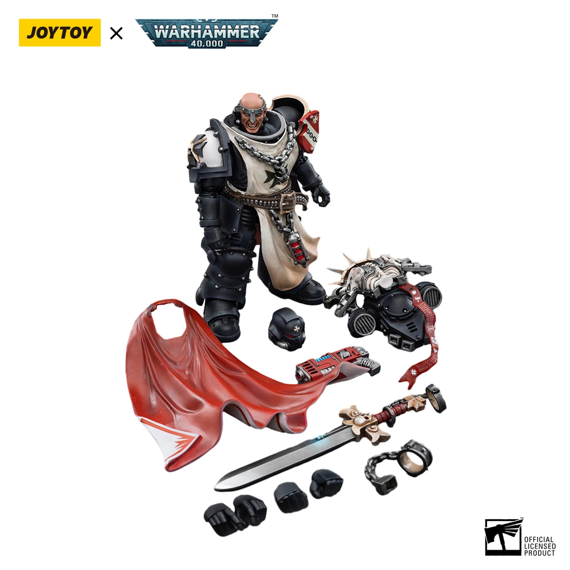 Toy figure with accessories on a white background, featuring Joytoy and Warhammer branding.
