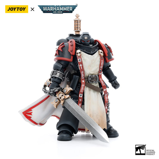 Toy figure with a sword, wearing black and red armor, on a white background with Joytoy and Warhammer branding.