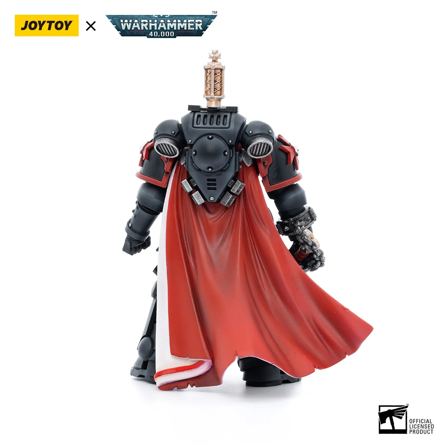 Toy figure with red cape and black armor on a white background, featuring Joytoy and Warhammer logos.