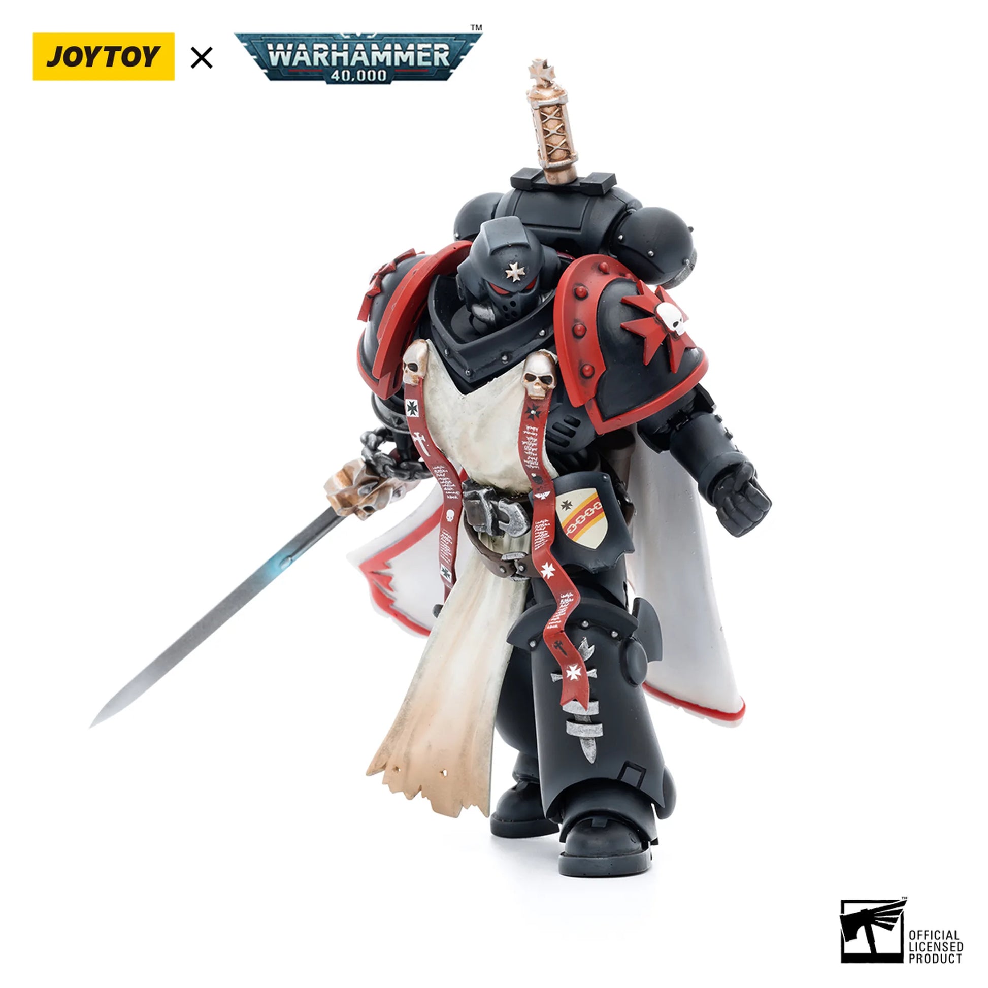 Toy figure with black and red armor holding a sword, branded with Joytoy and Warhammer 40,000 logos.