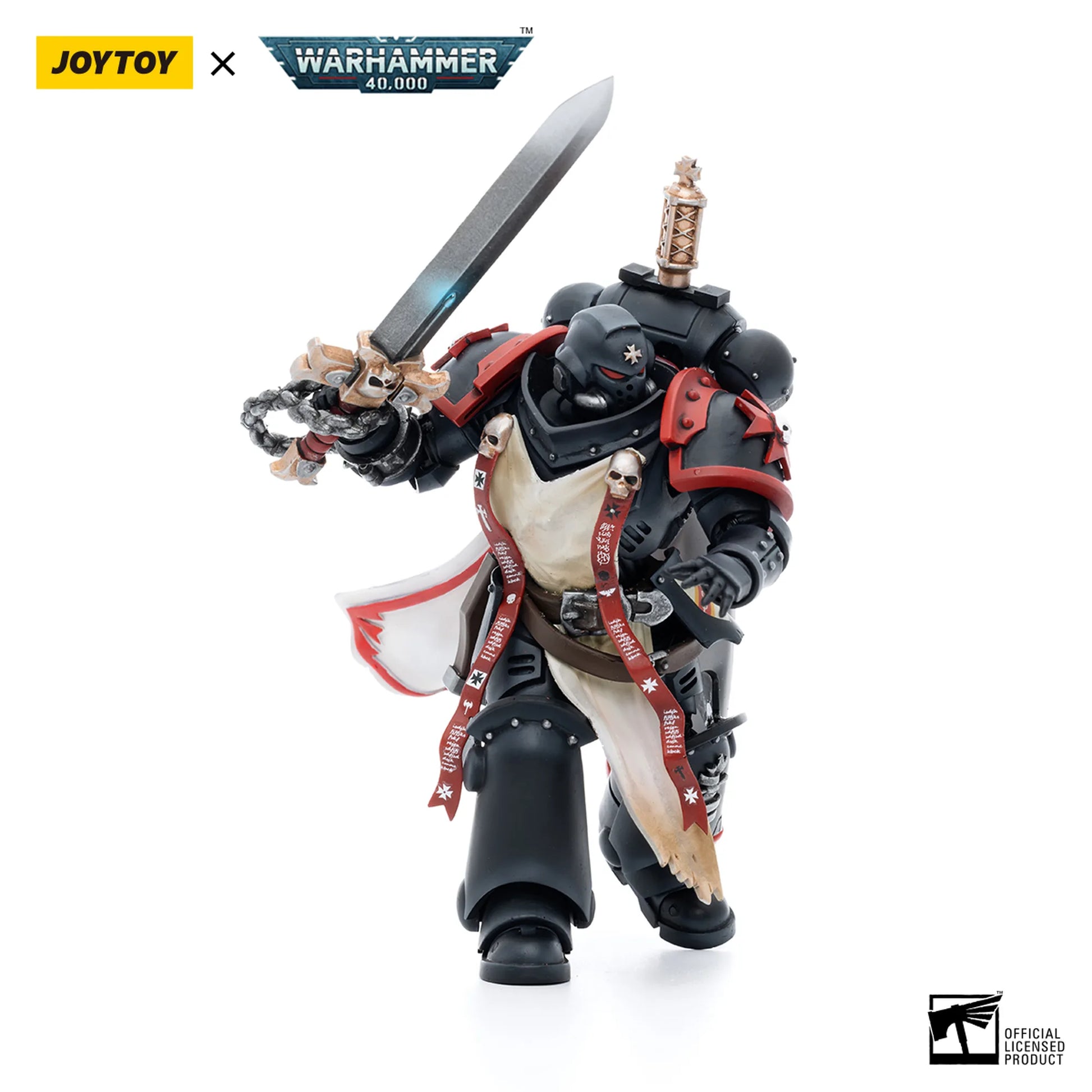 Toy figure with a sword and wolf, branded with Joytoy and Warhammer 40K logos.
