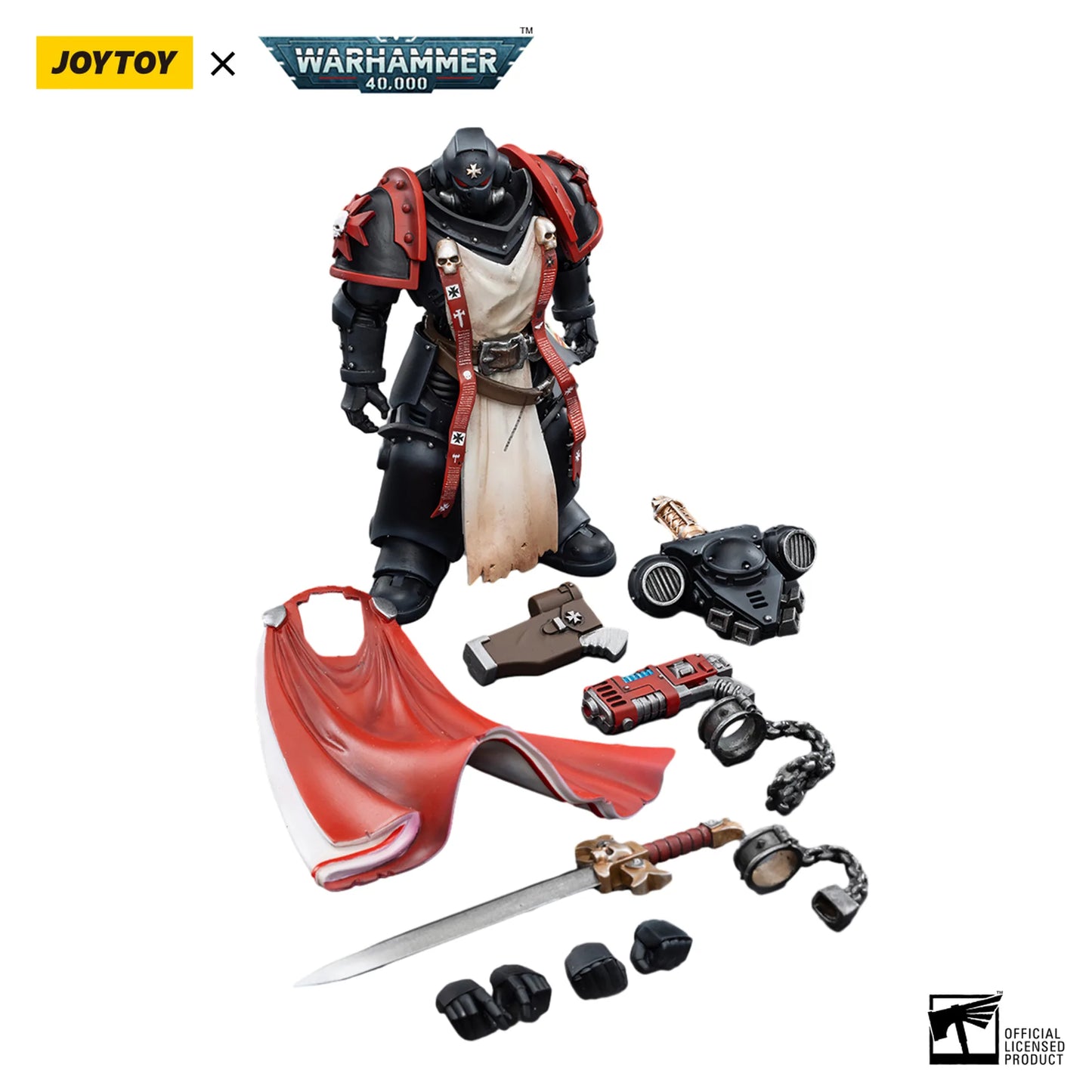 Toy figure with accessories on a white background, featuring Joytoy and Warhammer branding.