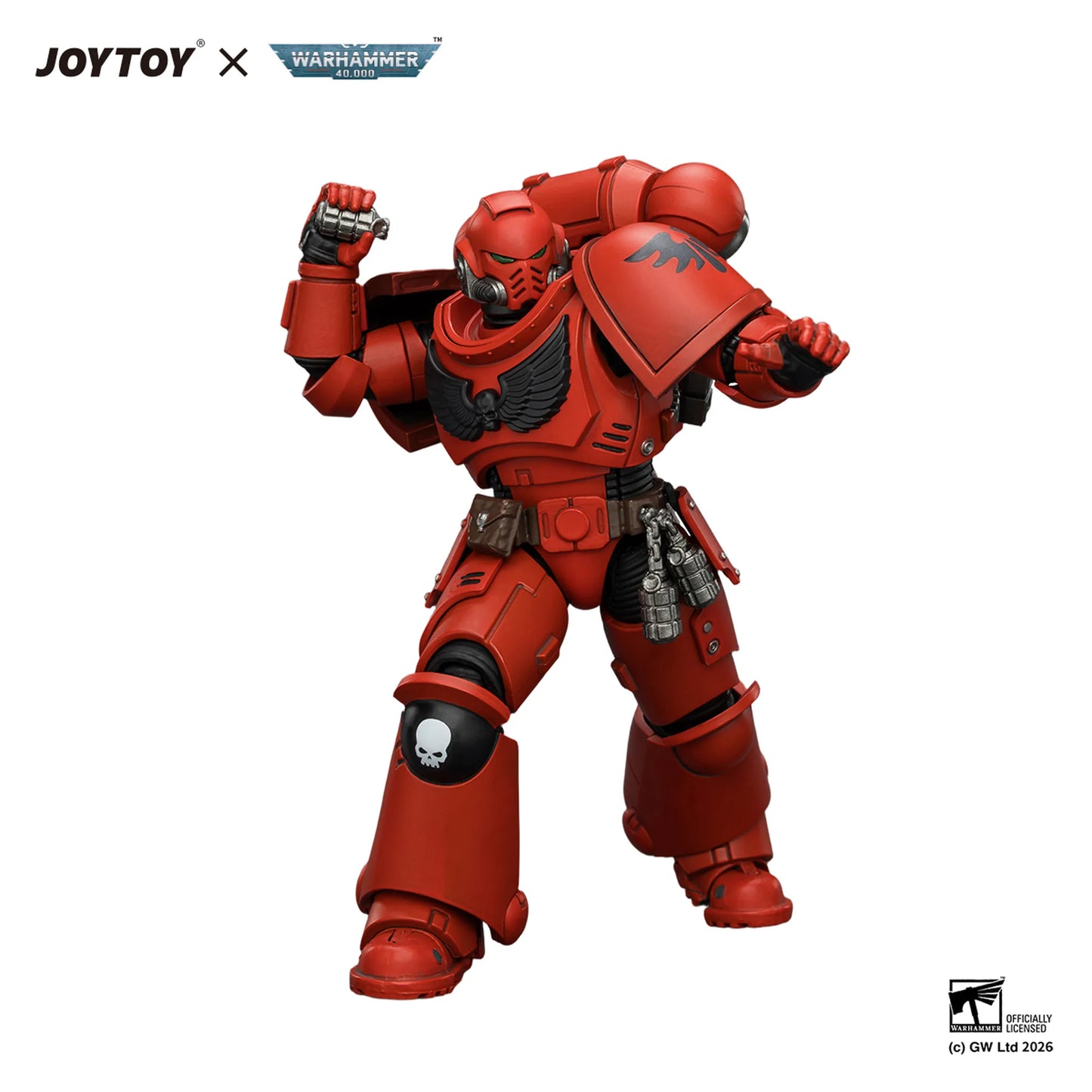 Red action figure with JOYTOY and Warhammer branding on a white background