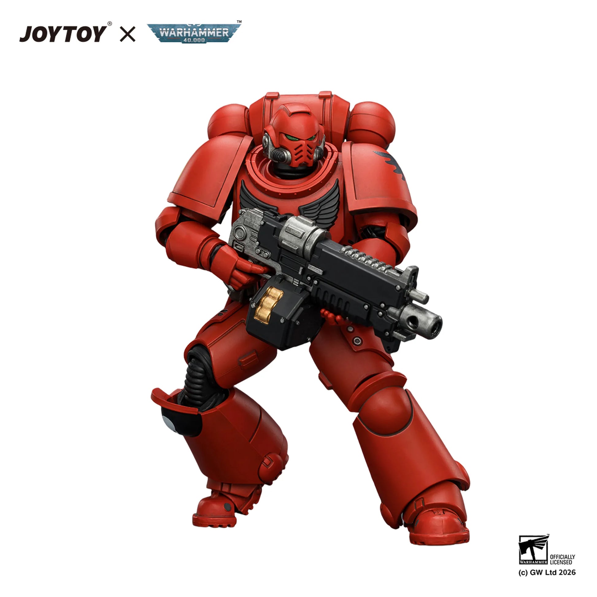 Red action figure with weapon, JOYTOY and Warhammer branding visible