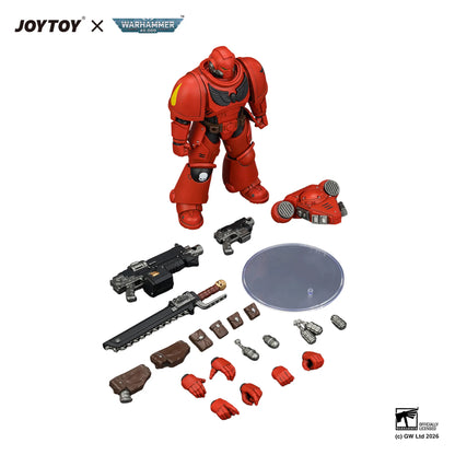 Red action figure with accessories on a white background, featuring JOYTOY and Warhammer branding.