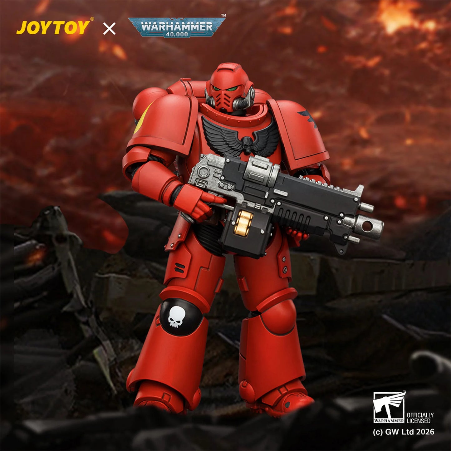 Red action figure with a weapon on a dark background, featuring JOYTOY and Warhammer branding.