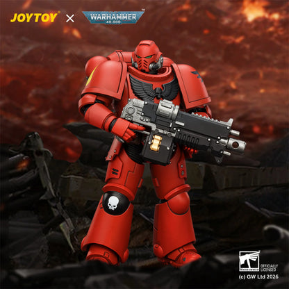 Red action figure with a weapon on a dark background, featuring JOYTOY and Warhammer branding.