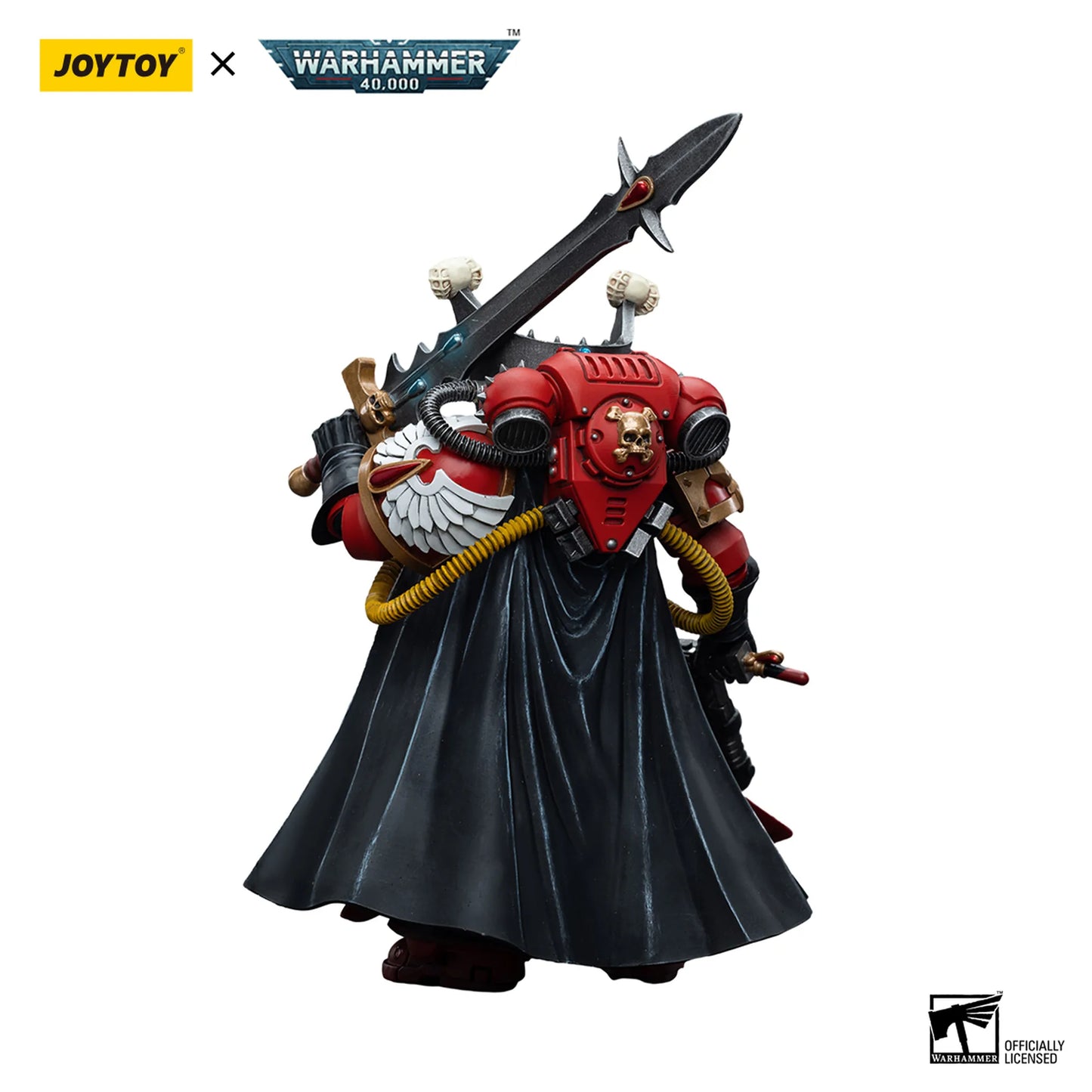 Toy figure with red helmet and black cloak holding a sword, branded with Joytoy and Warhammer.
