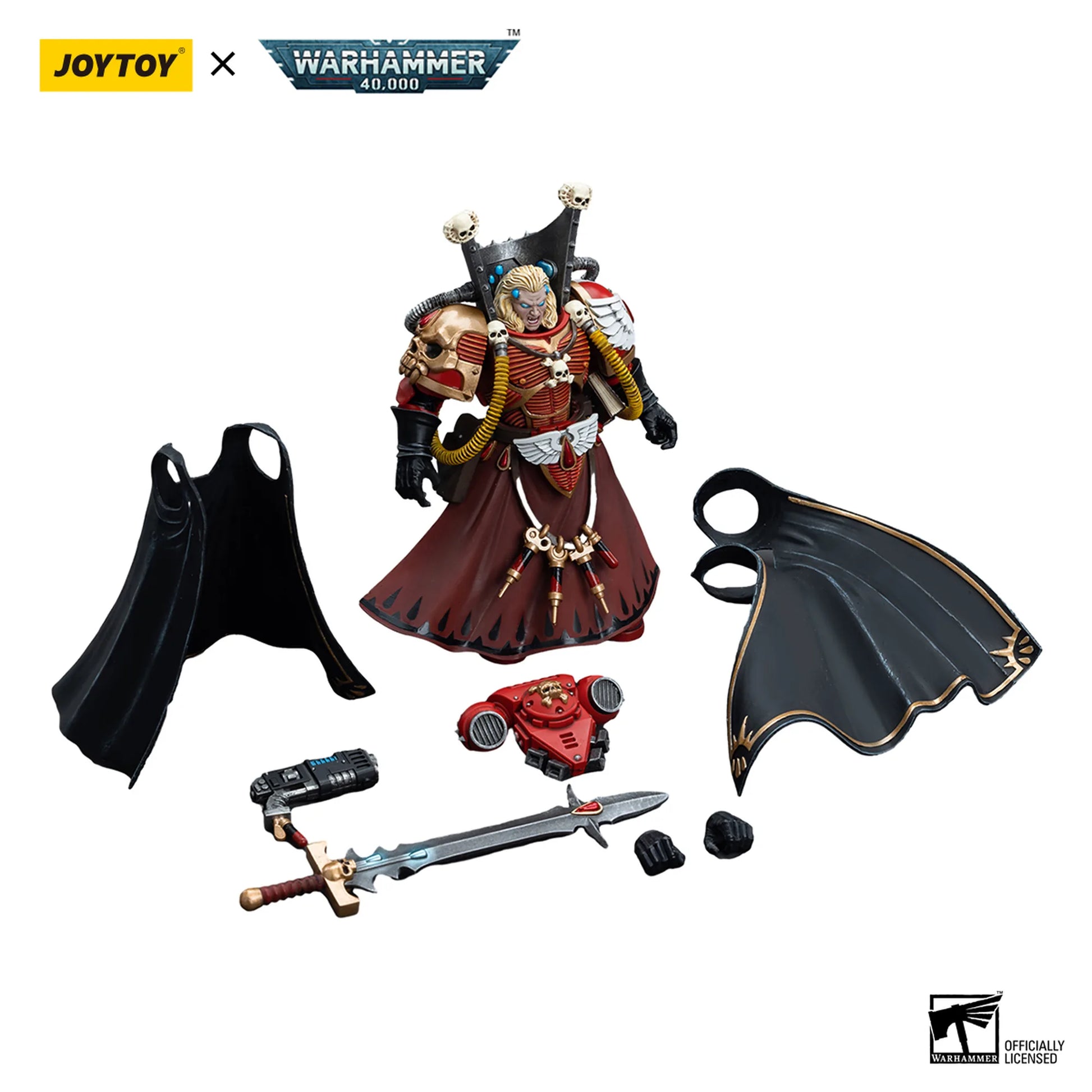 Toy figure with accessories on a white background, featuring Joytoy and Warhammer branding.