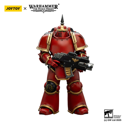 Red and gold armored figure holding a weapon with Joytoy and Warhammer branding.
