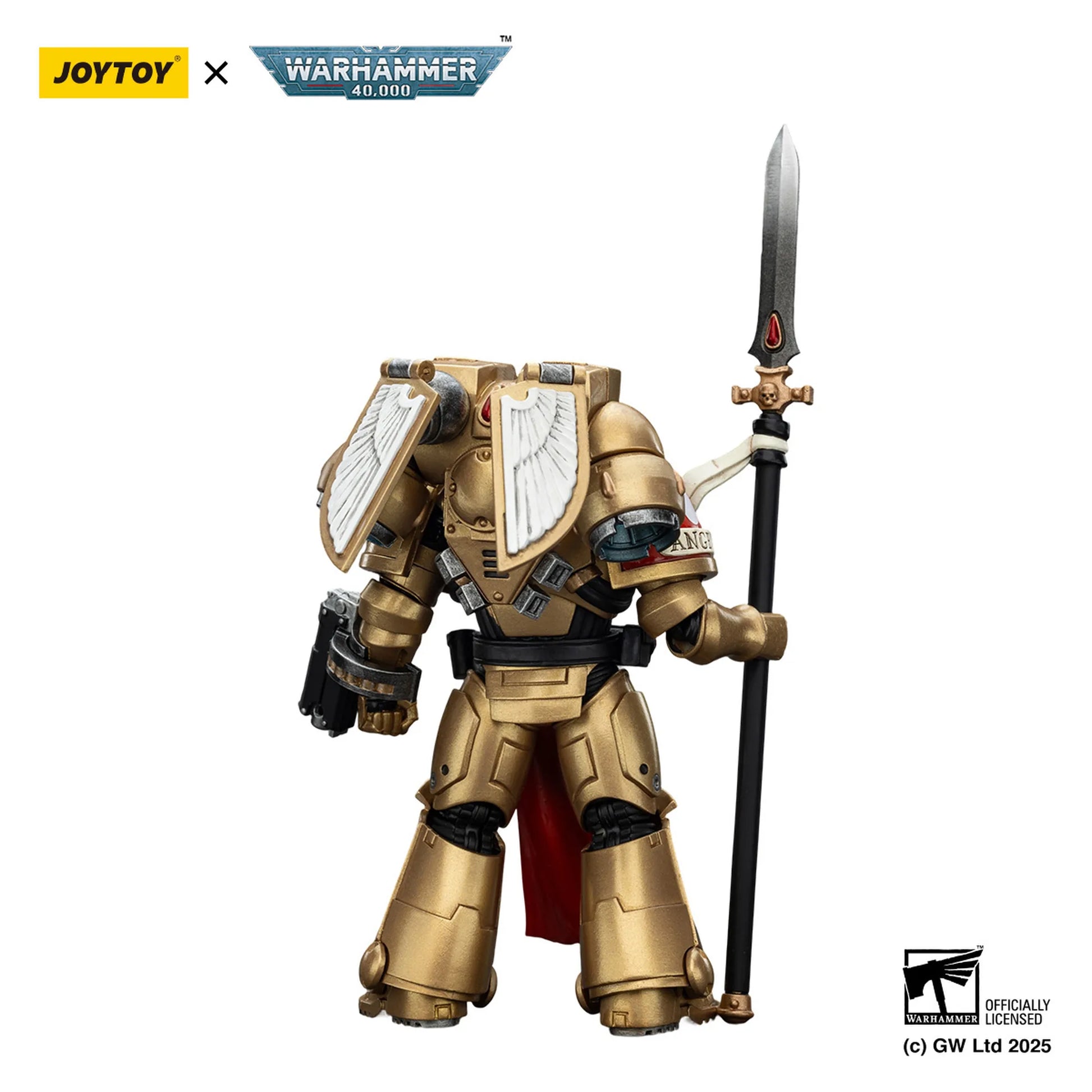 Toy figure in gold armor with a sword, branded with Joytoy and Warhammer, on a white background.