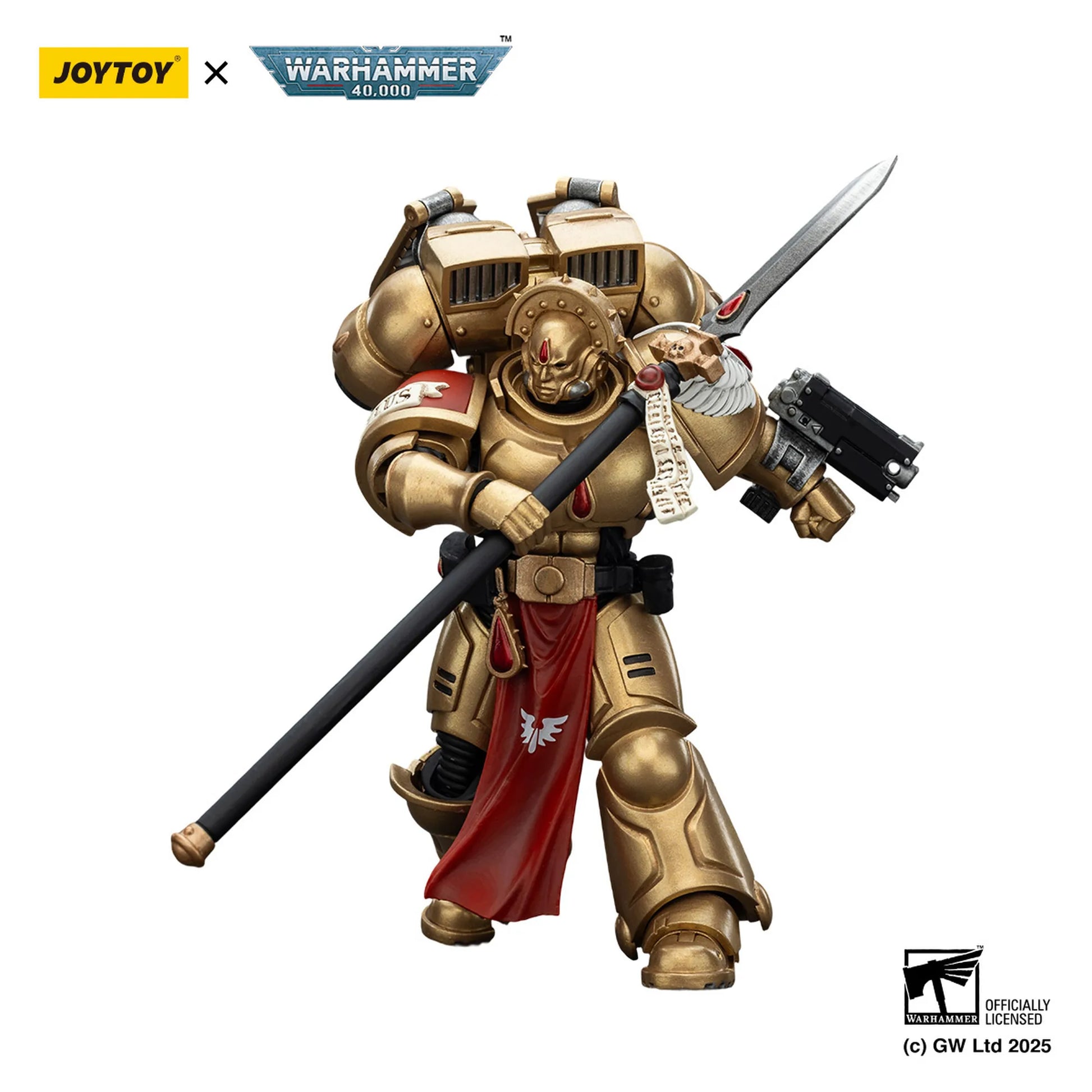 Toy figure of a warrior in gold armor with a spear, branded as Joytoy x Warhammer, on a white background.