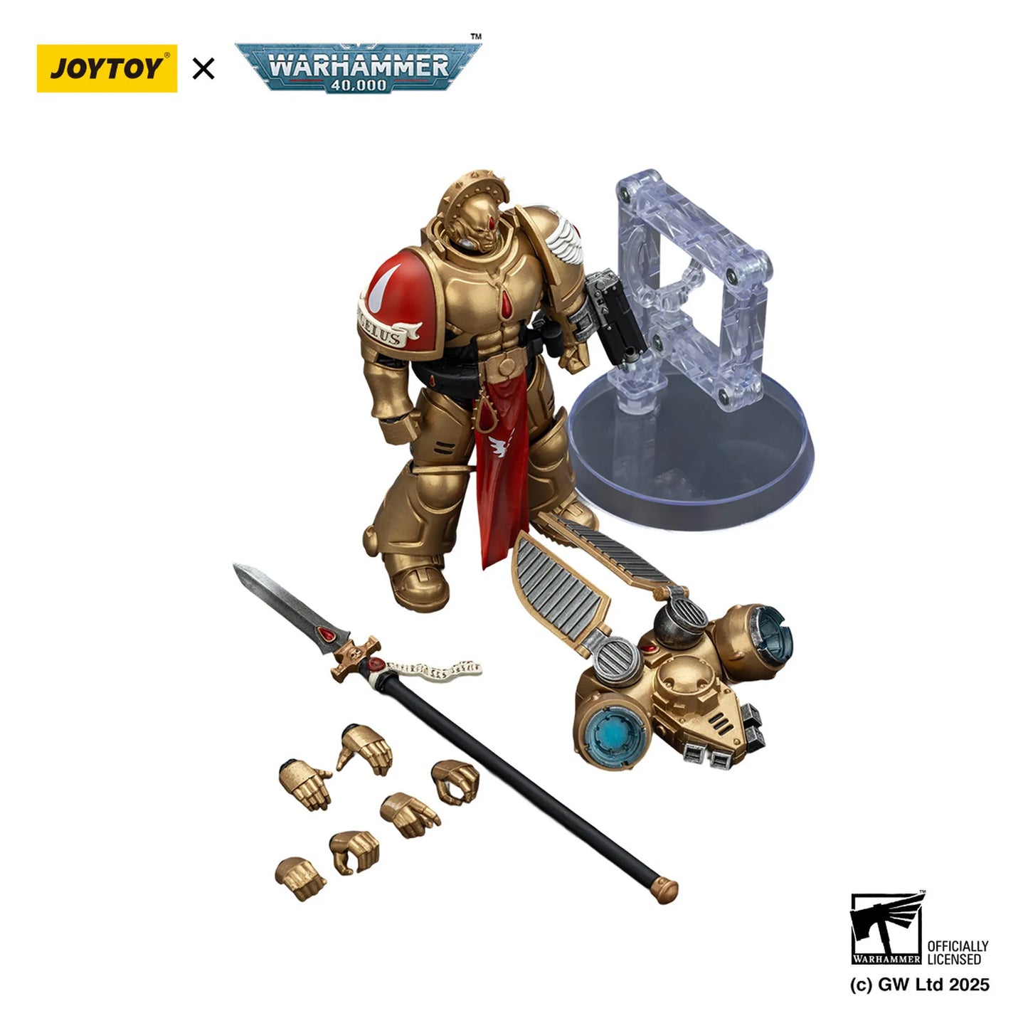 Warhammer 40,000 figurine with accessories on a white background, featuring Joytoy branding.