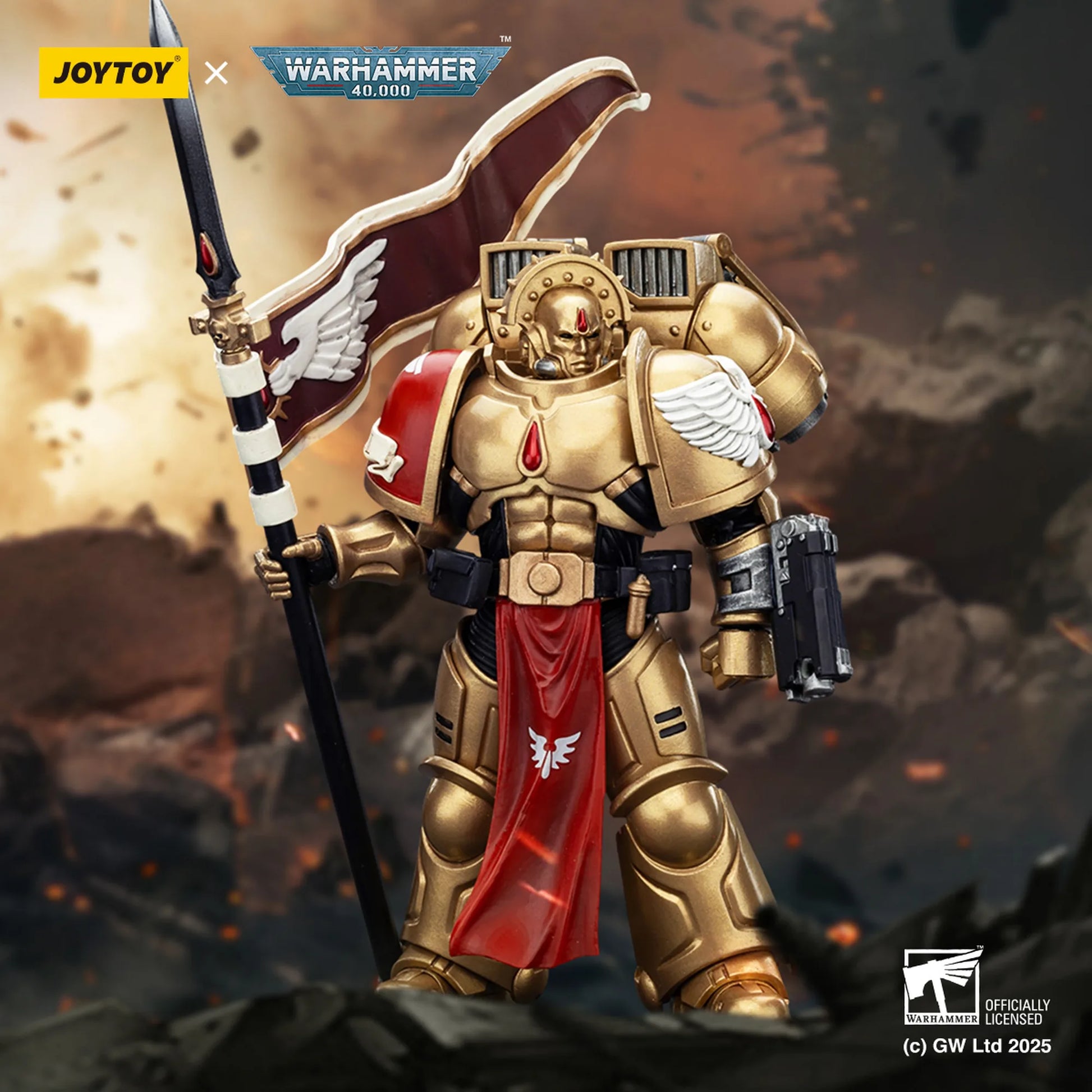 Warhammer 40,000 figurine in gold and red armor with a banner, holding a spear, on a dark background.
