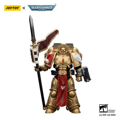 Warhammer figurine with gold armor and red cape, holding a sword and banner, on a white background.