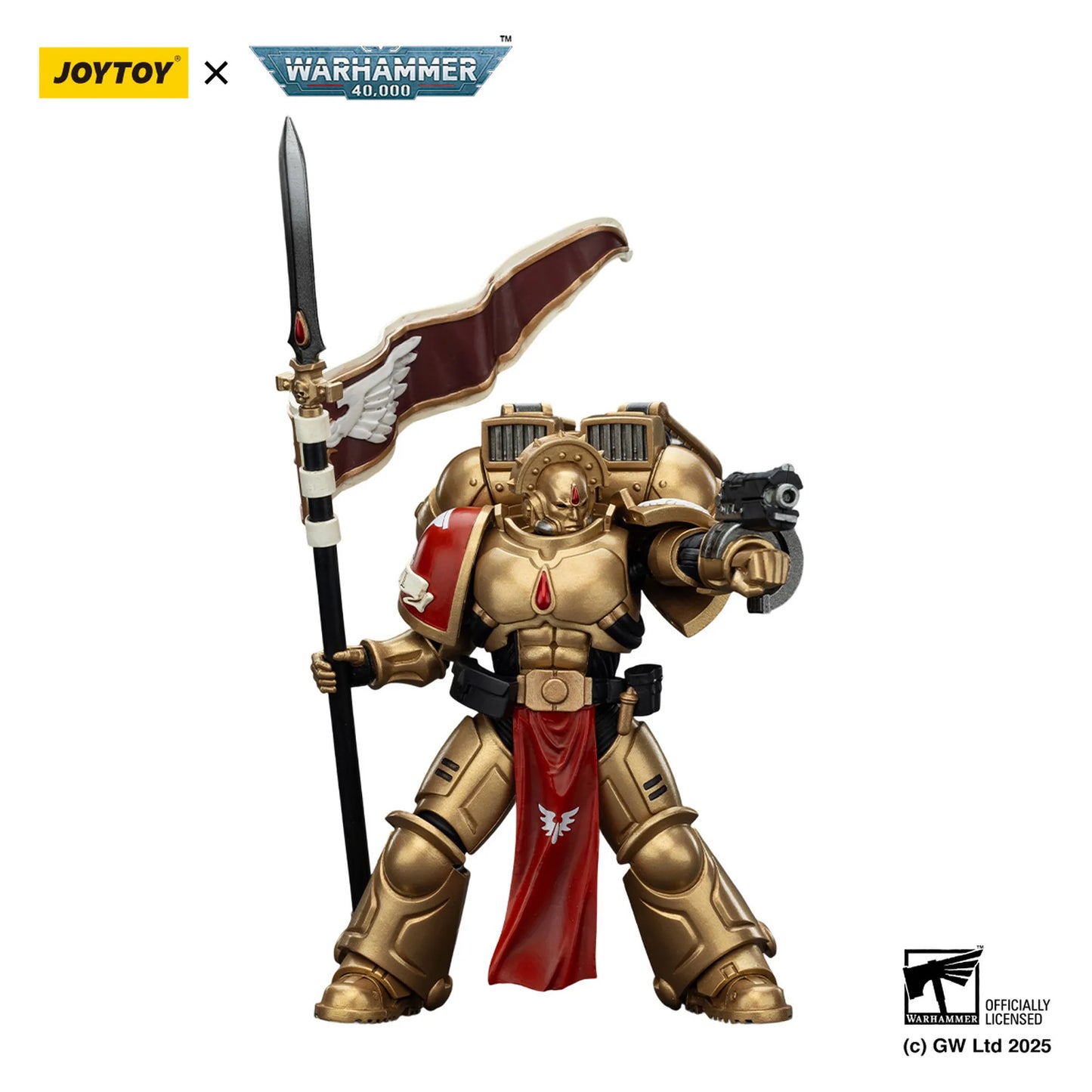 Warhammer figurine with gold armor and red accents, holding a spear, on a white background with Joytoy and Warhammer branding.