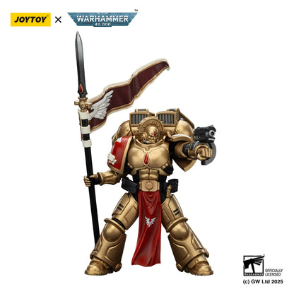 Warhammer figurine with gold armor and red accents, holding a spear, on a white background with Joytoy and Warhammer branding.