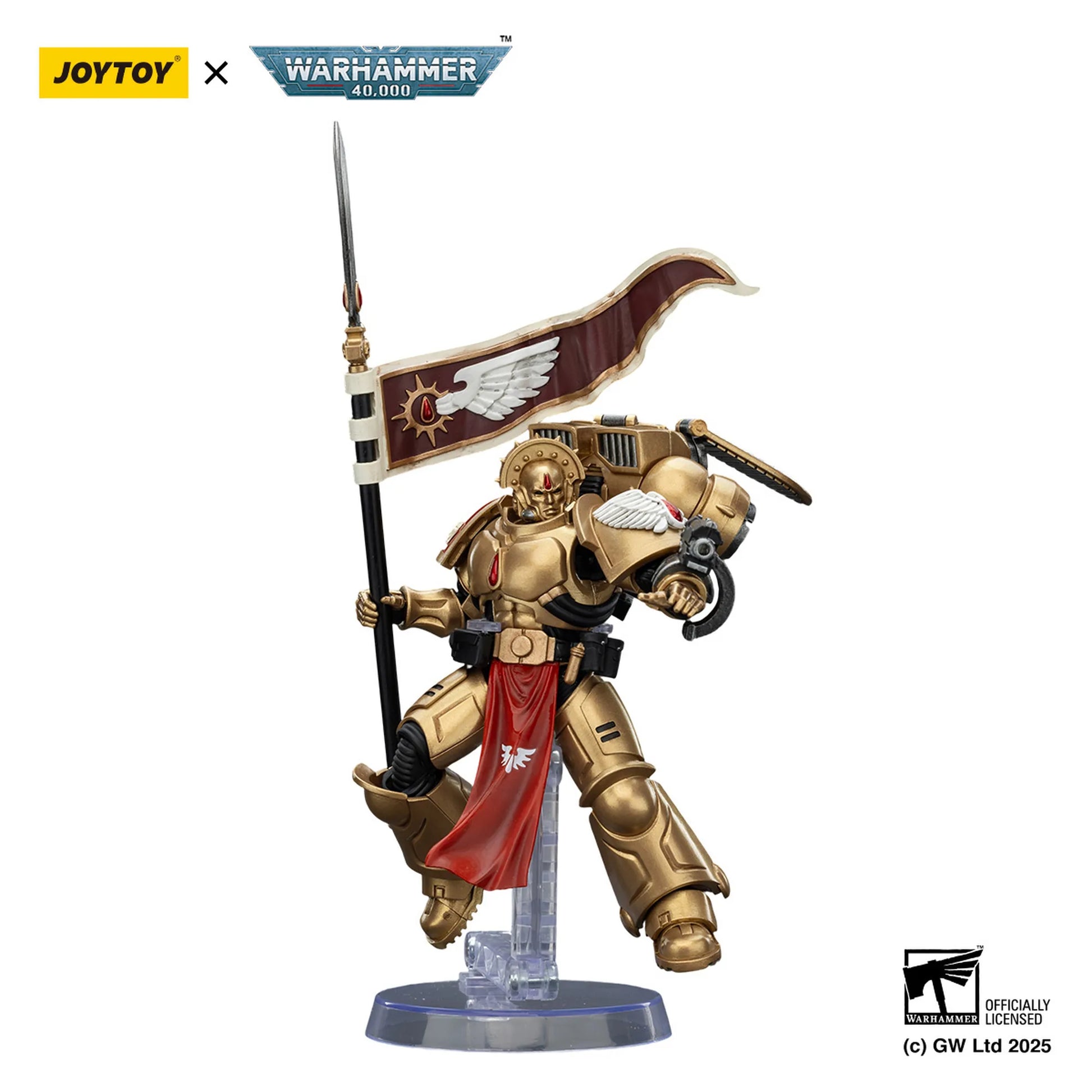 Warhammer figurine with gold armor and banner, Joytoy and Warhammer branding visible