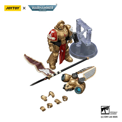 Toy figure with accessories on a white background, featuring Joytoy and Warhammer branding.