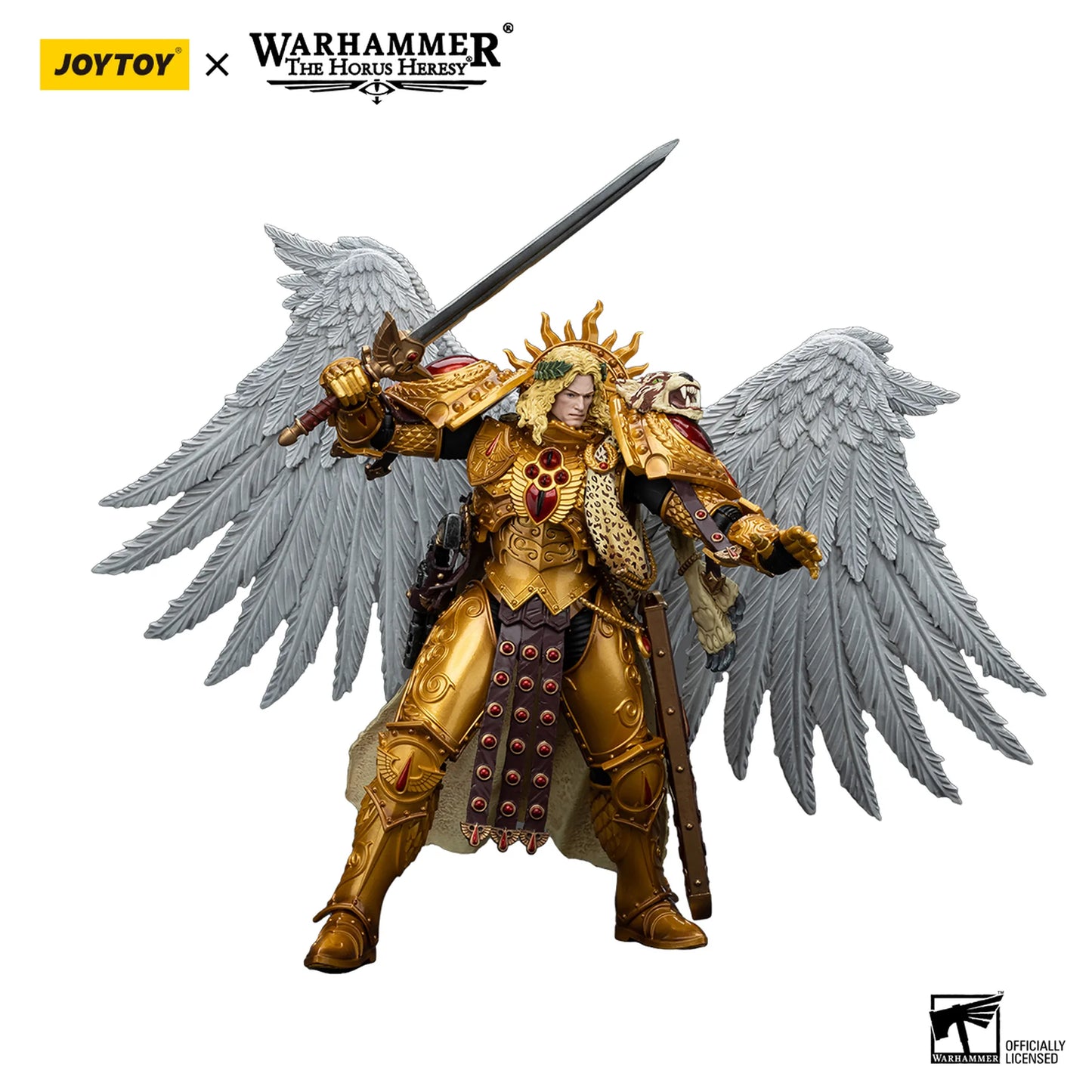 Warhammer figurine with gold armor and wings, featuring Joytoy and Warhammer branding.
