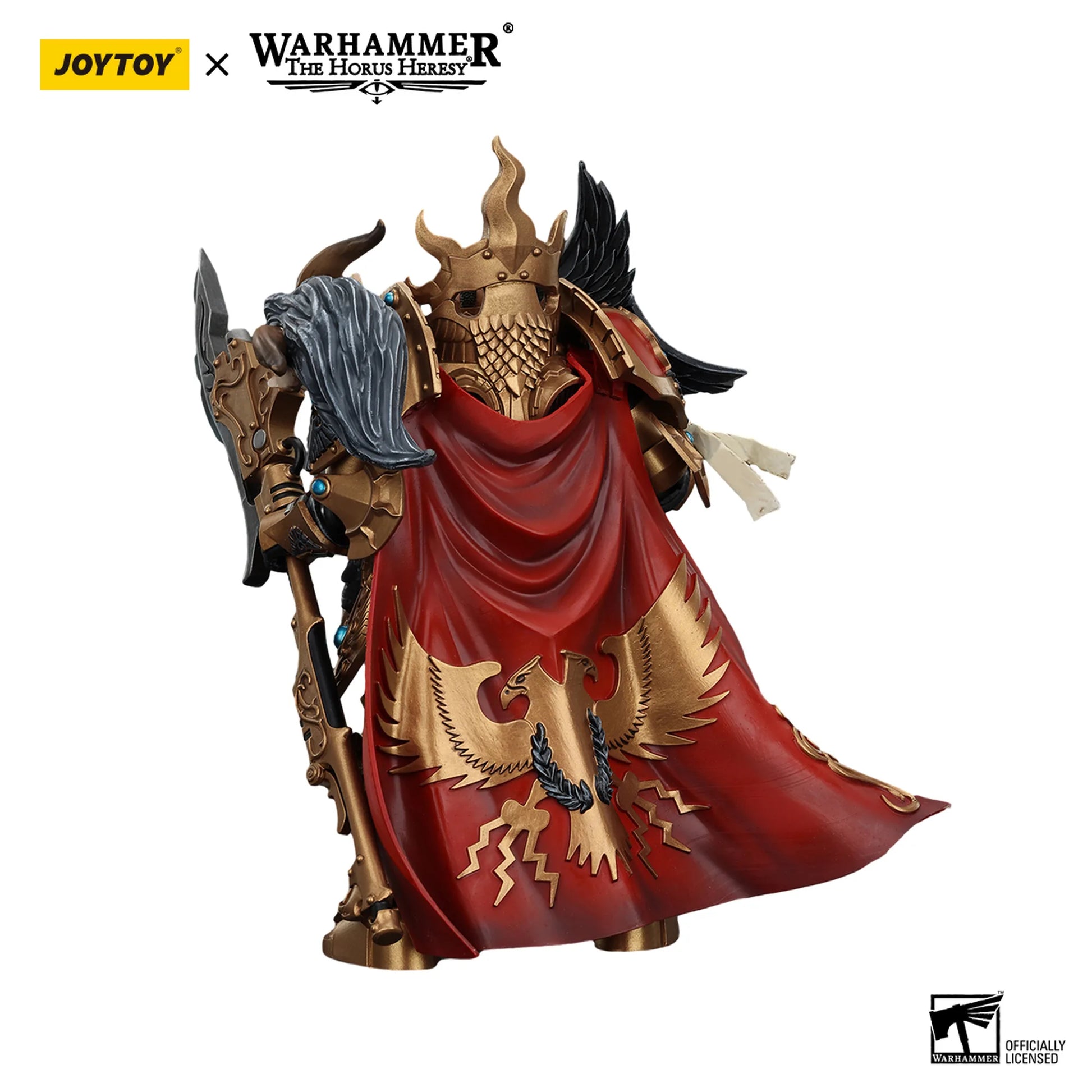 Warhammer figurine with red cape and gold armor on a white background, featuring JoyToy and Warhammer logos.