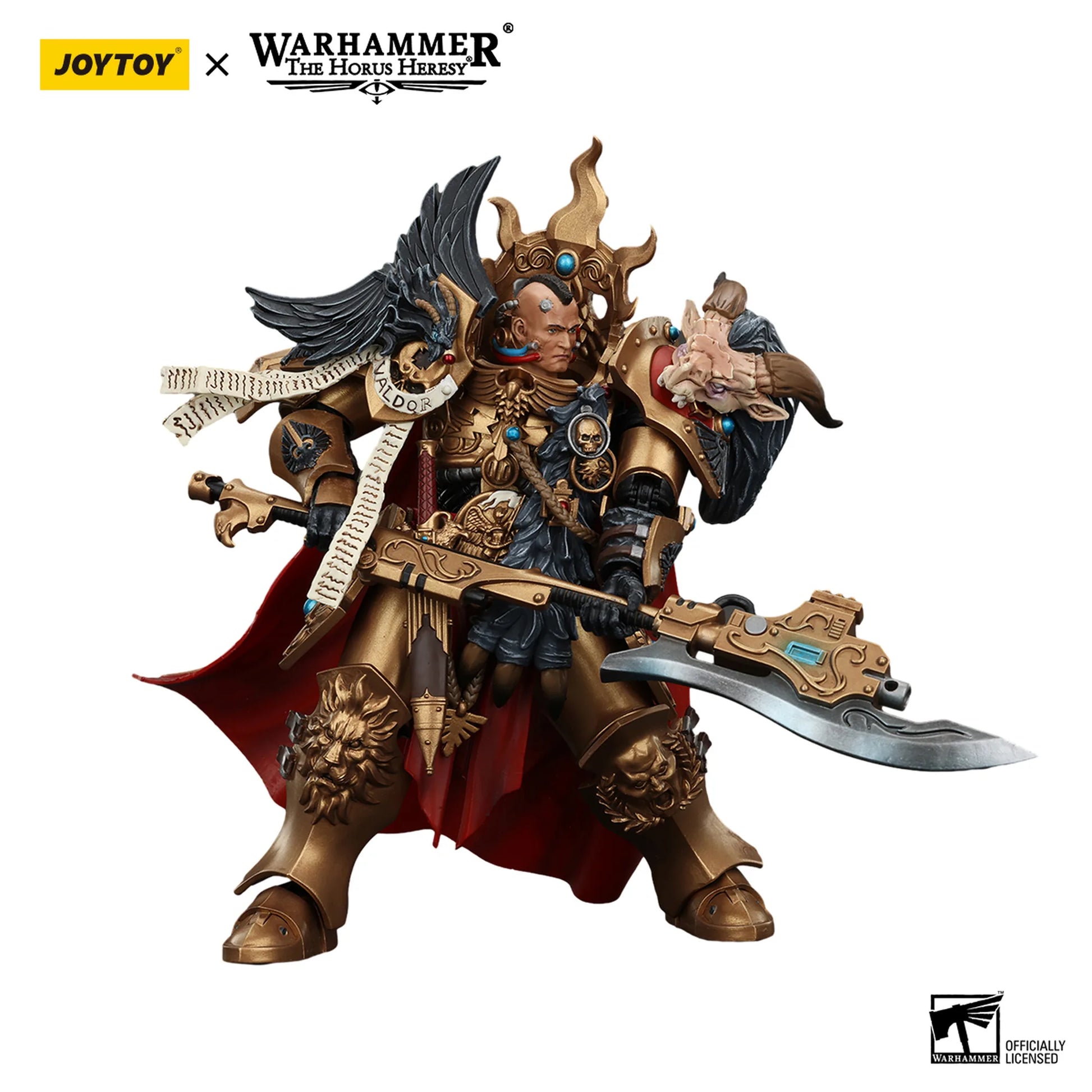 Warhammer figurine with ornate armor and weapons on a white background, featuring JoyToy and Warhammer logos.