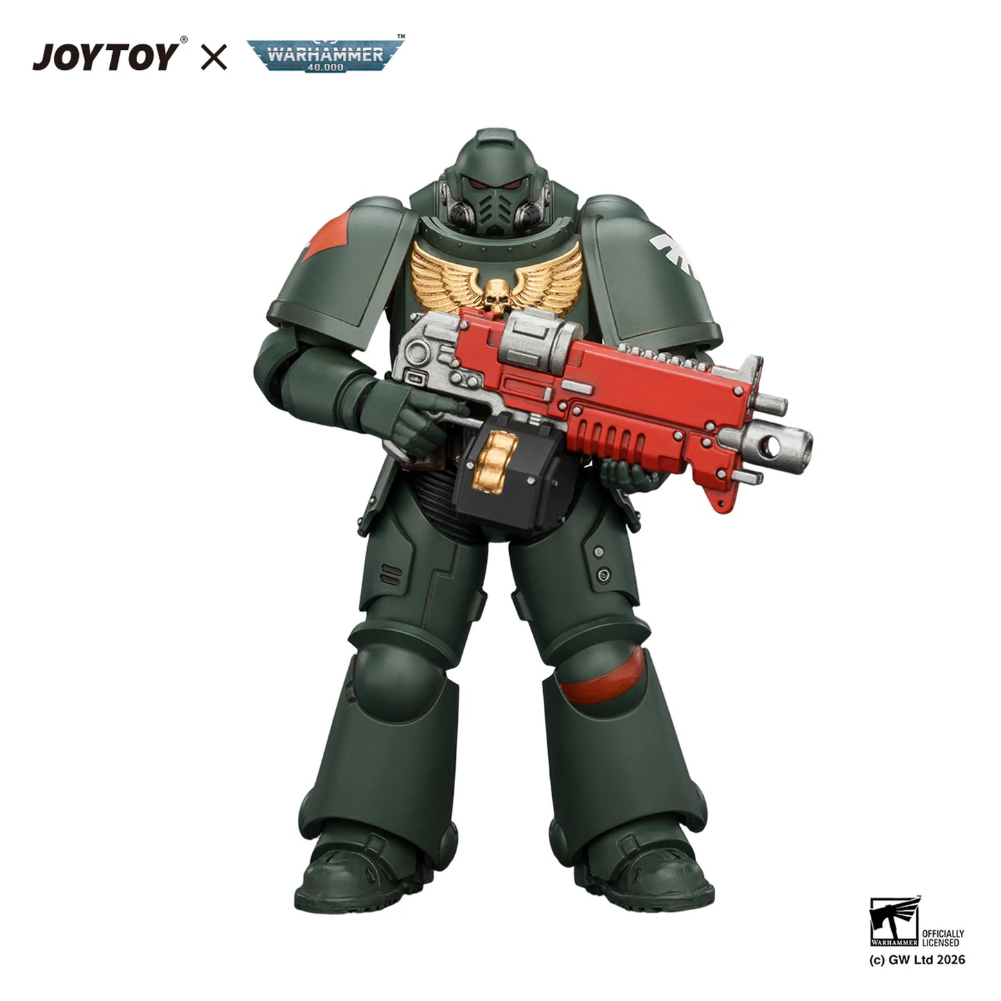 Toy figure of a warrior in green armor with a red weapon, branded with Joytoy and Warhammer.