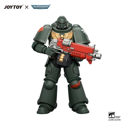 Toy figure of a warrior in green armor with a red weapon, branded with Joytoy and Warhammer.