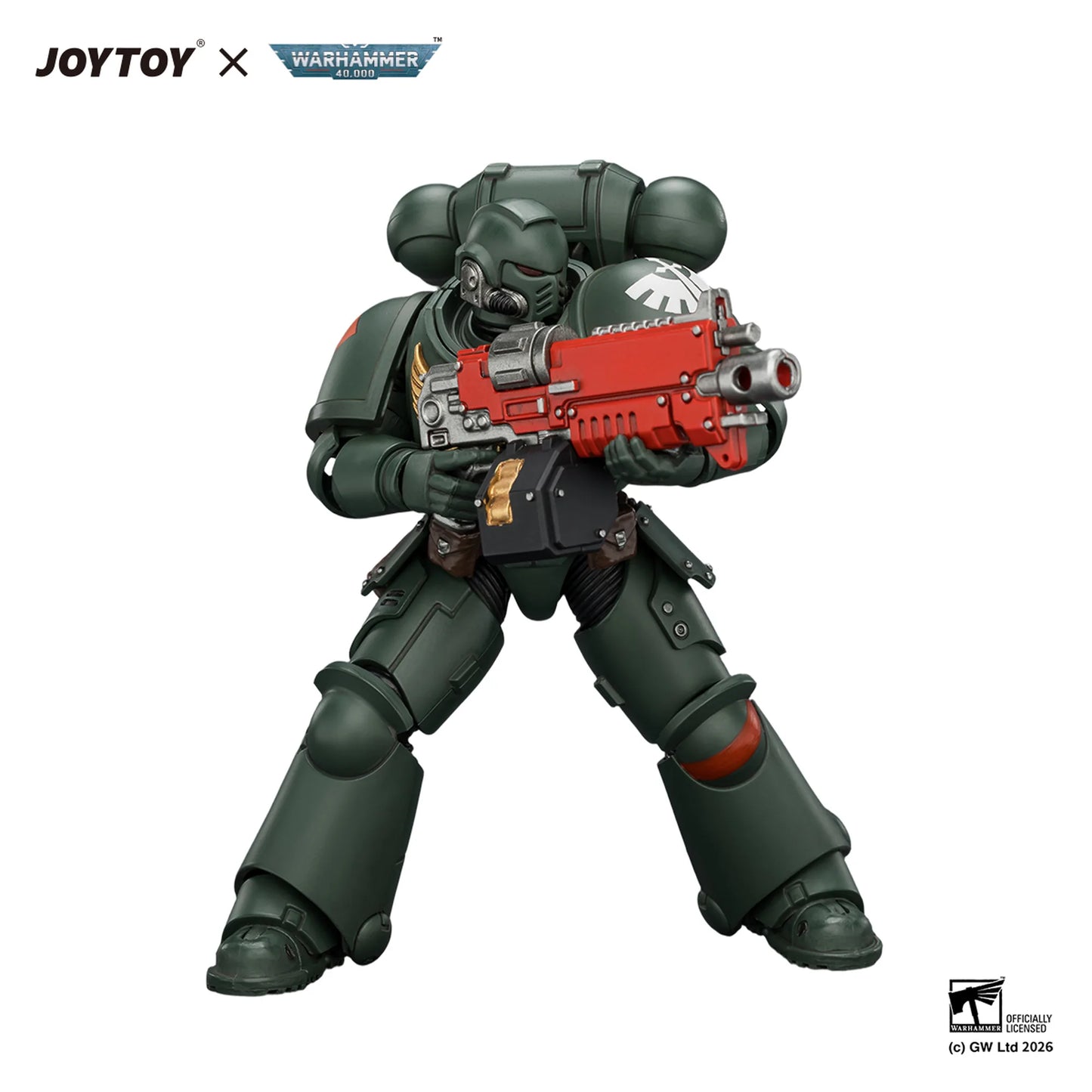 Toy figure with a red weapon, branded with Joytoy and Warhammer, on a white background.