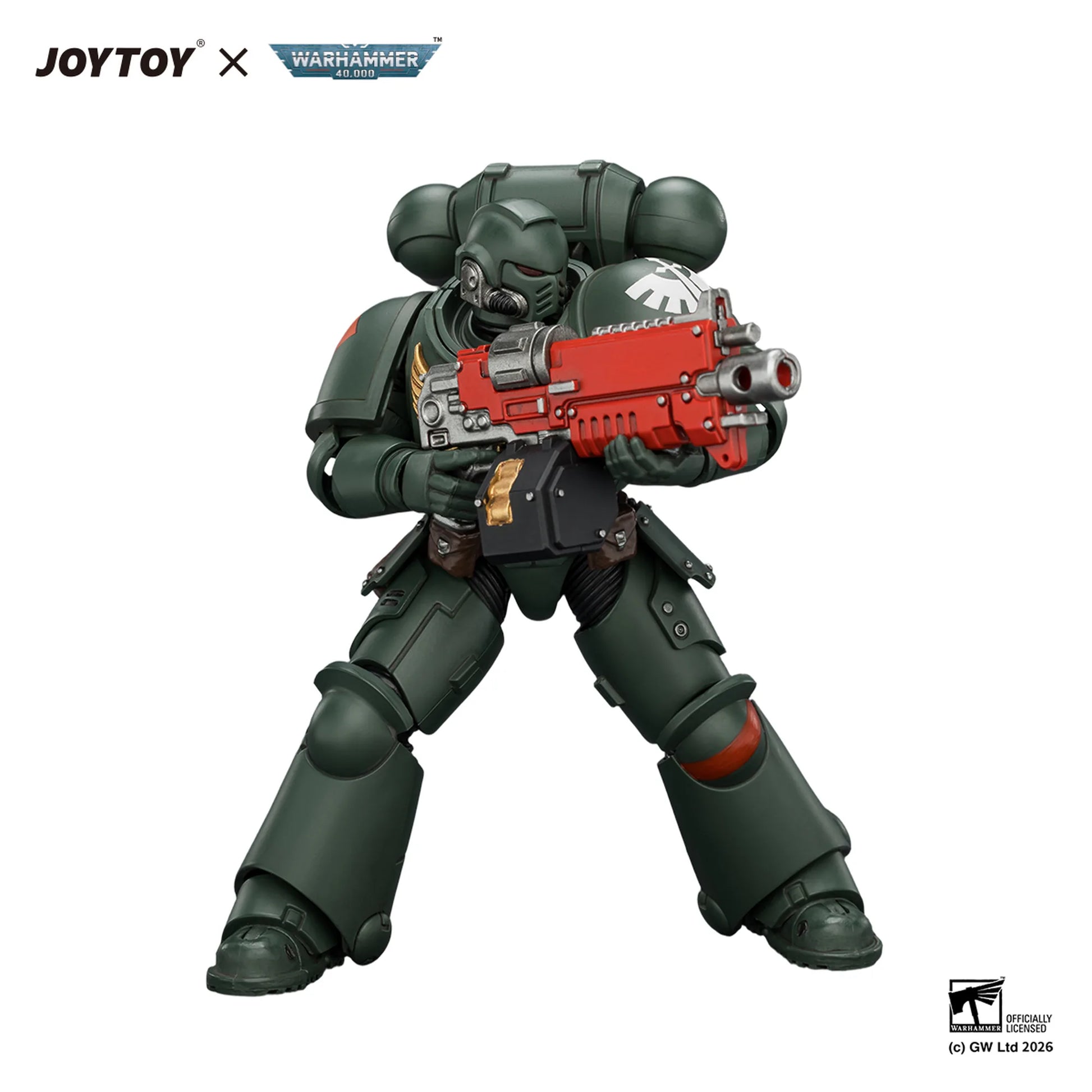 Toy figure with a red weapon, branded with Joytoy and Warhammer, on a white background.