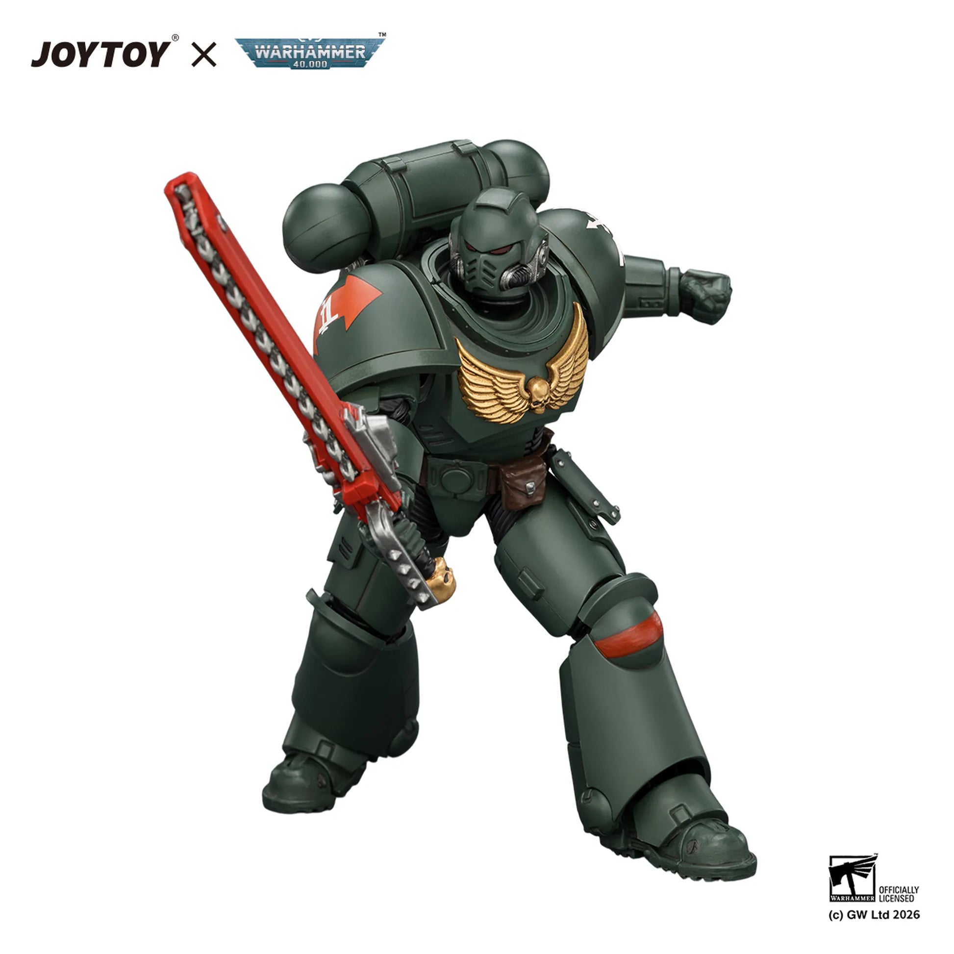 Toy figure with chain weapon, branded as JOYTOY x Warhammer, on a white background