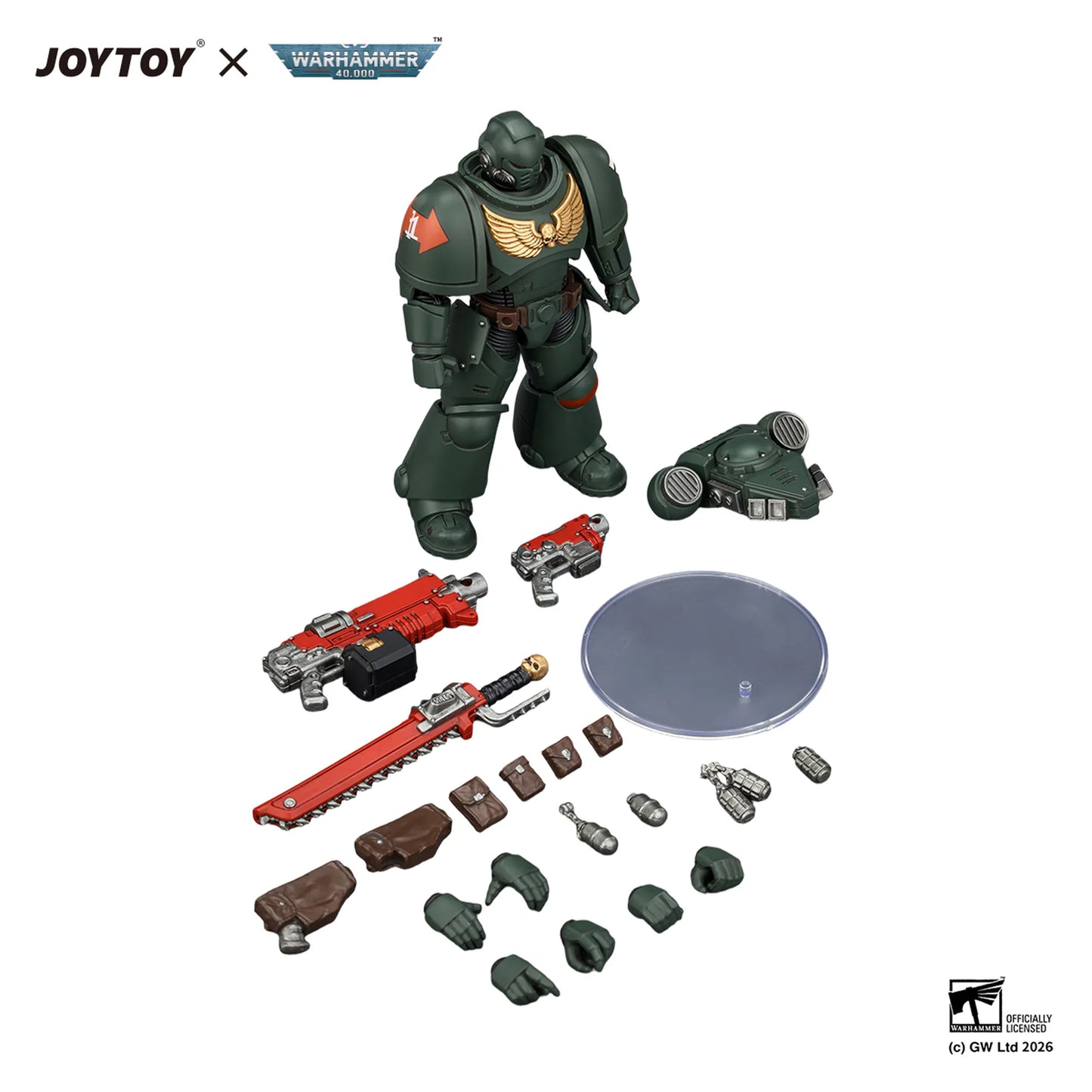 Toy figure with accessories on a white background, featuring JOYTOY and Warhammer branding.