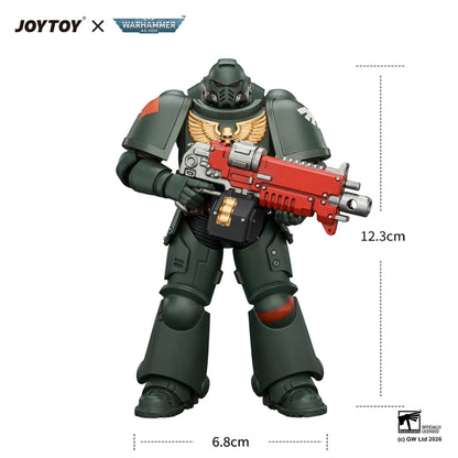 Toy figure with a weapon, labeled 'JOYTOY x Warhammer', on a white background with measurements.