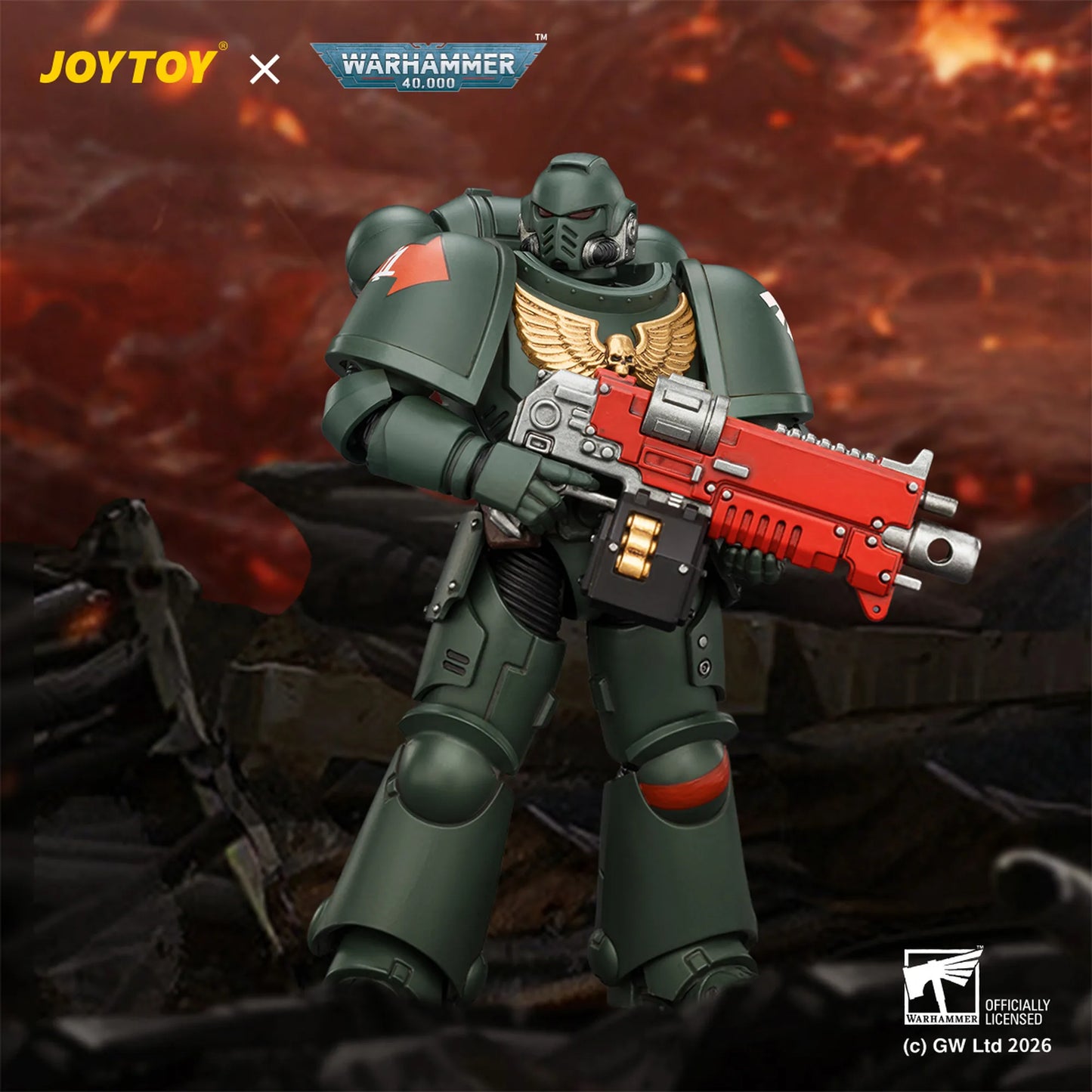 Toy figure of a character from Warhammer 40k with a red weapon against a fiery background, featuring JOYTOY and Warhammer logos.